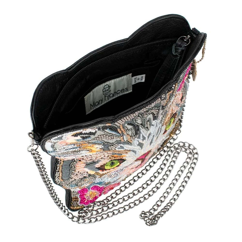 Mary Frances Cattitude Cat Zip Bag Animal Leather Beaded Handbag Purse Gray NEW - Picture 4 of 7